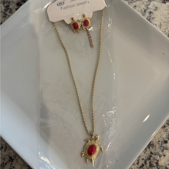 Gold Turtle Pendant Necklace with Red Stone and Earring Set - Picture 5 of 5